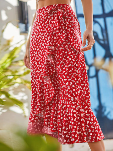 Frenchy Ditsy Floral Print Ruffle Trim Tie Side Skirt