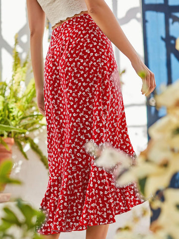 Frenchy Ditsy Floral Print Ruffle Trim Tie Side Skirt