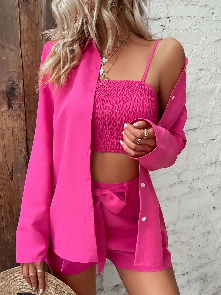 Solid Button Front Shirt & Shirred Cami Top & Shorts