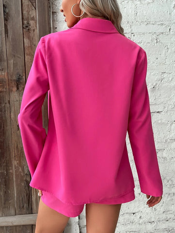 Solid Button Front Shirt & Shirred Cami Top & Shorts