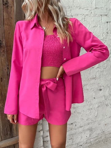 Solid Button Front Shirt & Shirred Cami Top & Shorts
