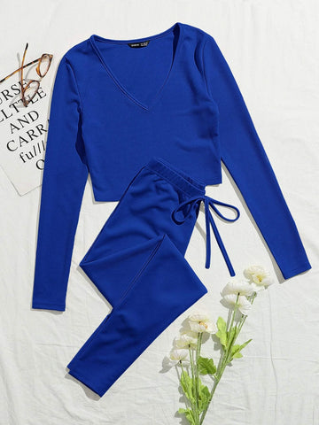 V-neck Rib-knit Solid Tee and Knotted Waist Leggings Set
