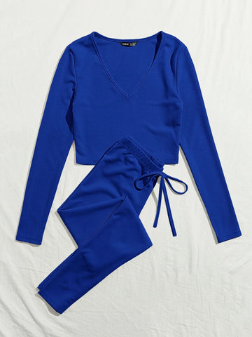 V-neck Rib-knit Solid Tee and Knotted Waist Leggings Set