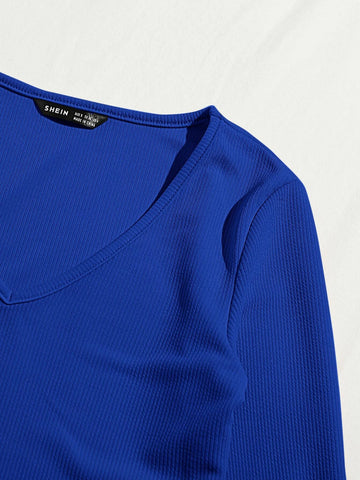V-neck Rib-knit Solid Tee and Knotted Waist Leggings Set