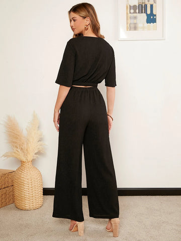 EMERY ROSE Solid Crop Tee & Wide Leg Pants Set
