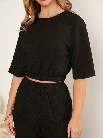 EMERY ROSE Solid Crop Tee & Wide Leg Pants Set