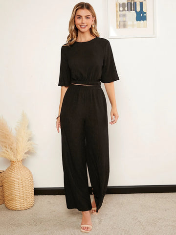 EMERY ROSE Solid Crop Tee & Wide Leg Pants Set