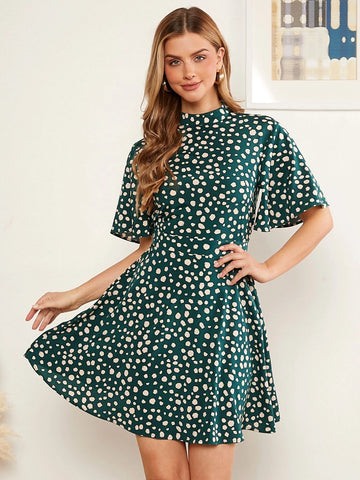 EMERY ROSE Dalmatian Print Mock Neck Flutter Sleeve Dress