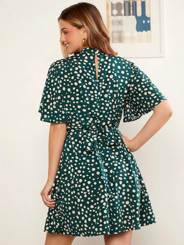 EMERY ROSE Dalmatian Print Mock Neck Flutter Sleeve Dress