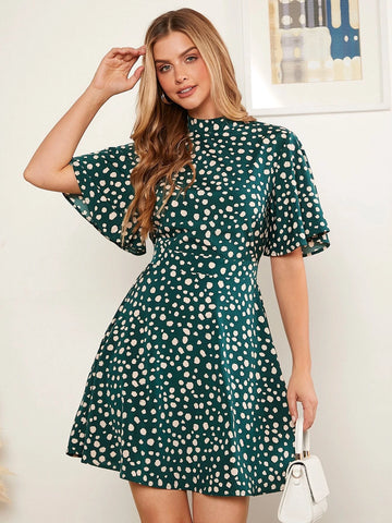 EMERY ROSE Dalmatian Print Mock Neck Flutter Sleeve Dress