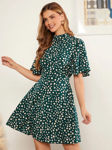 EMERY ROSE Dalmatian Print Mock Neck Flutter Sleeve Dress