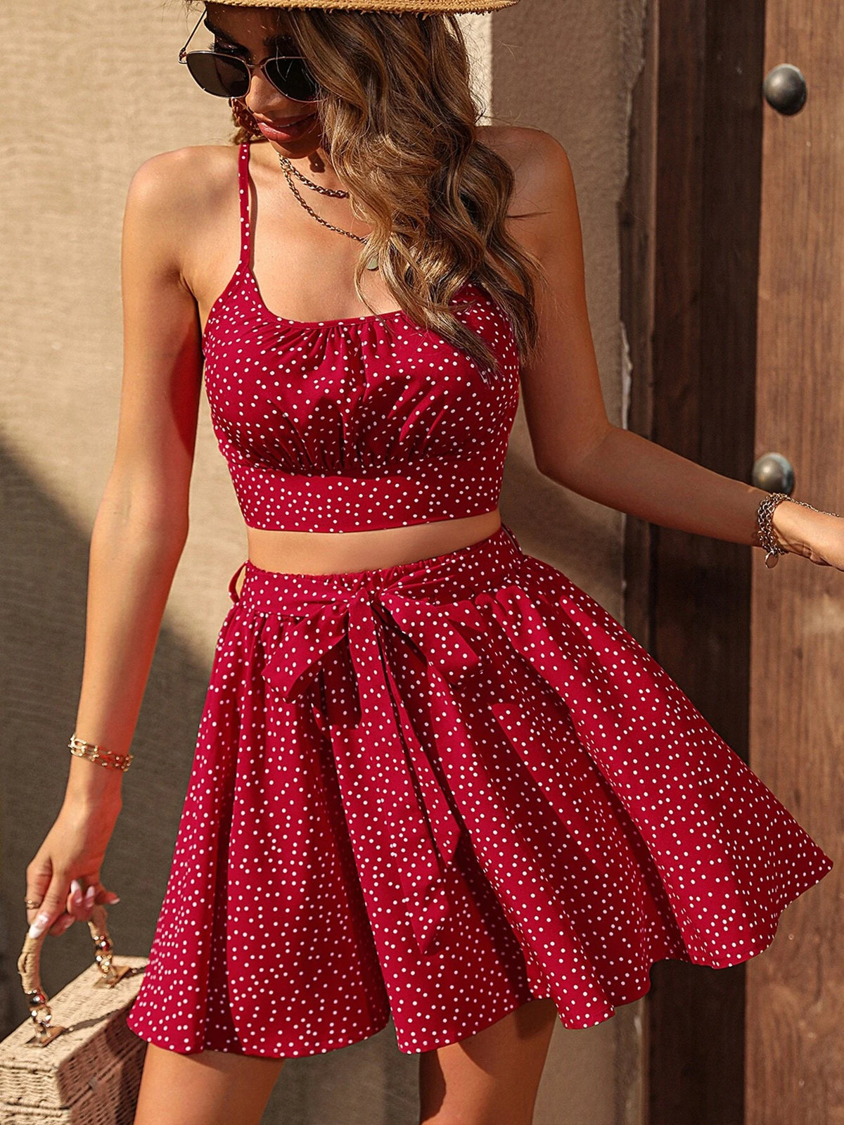 Polka Dot Ruched Bust Cami Top & Belted Skirt
