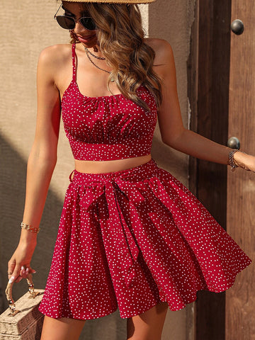 Polka Dot Ruched Bust Cami Top & Belted Skirt
