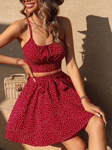Polka Dot Ruched Bust Cami Top & Belted Skirt