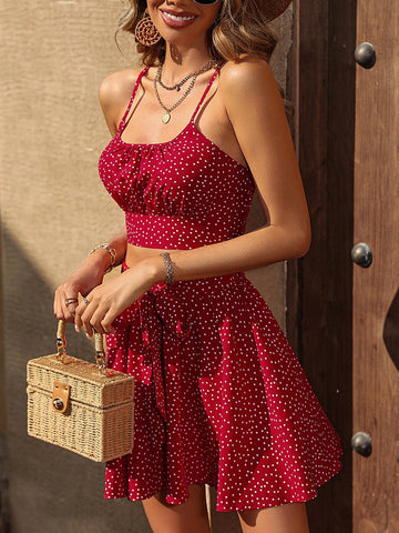 Polka Dot Ruched Bust Cami Top & Belted Skirt