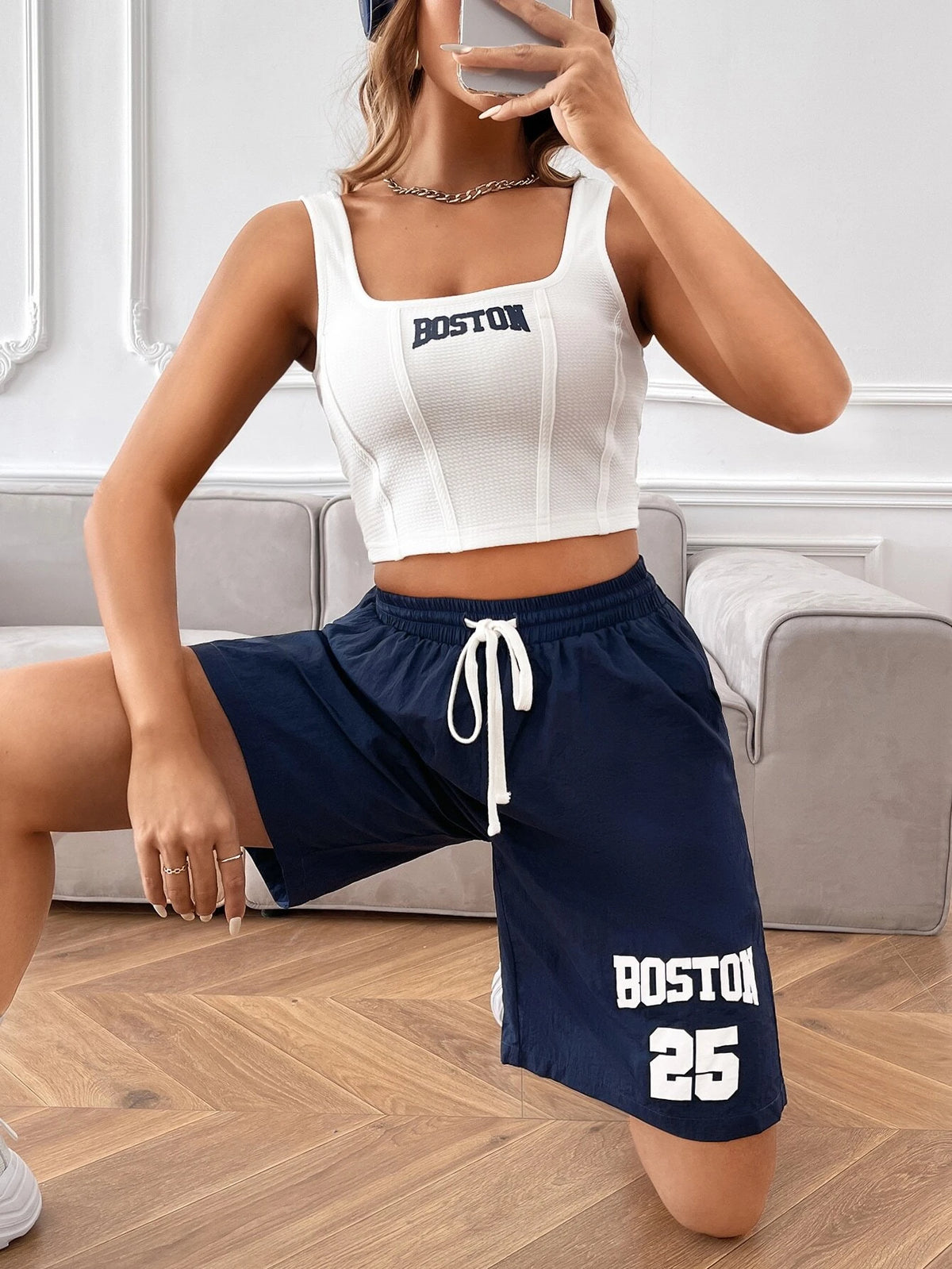 EZwear Letter Graphic Tank Top & Drawstring Waist Shorts