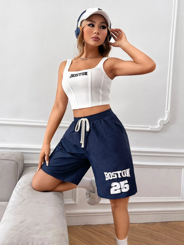 EZwear Letter Graphic Tank Top & Drawstring Waist Shorts