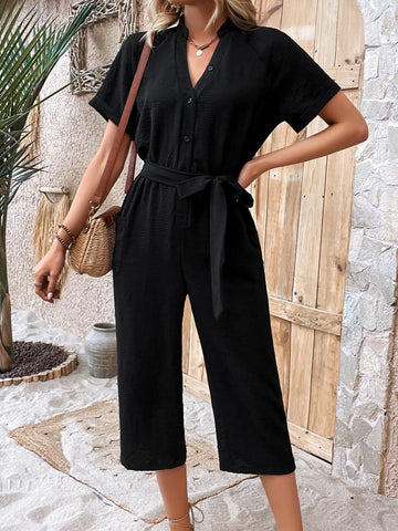 Half Button Belted Capris Jumpsuit