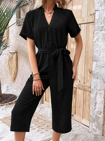 Half Button Belted Capris Jumpsuit