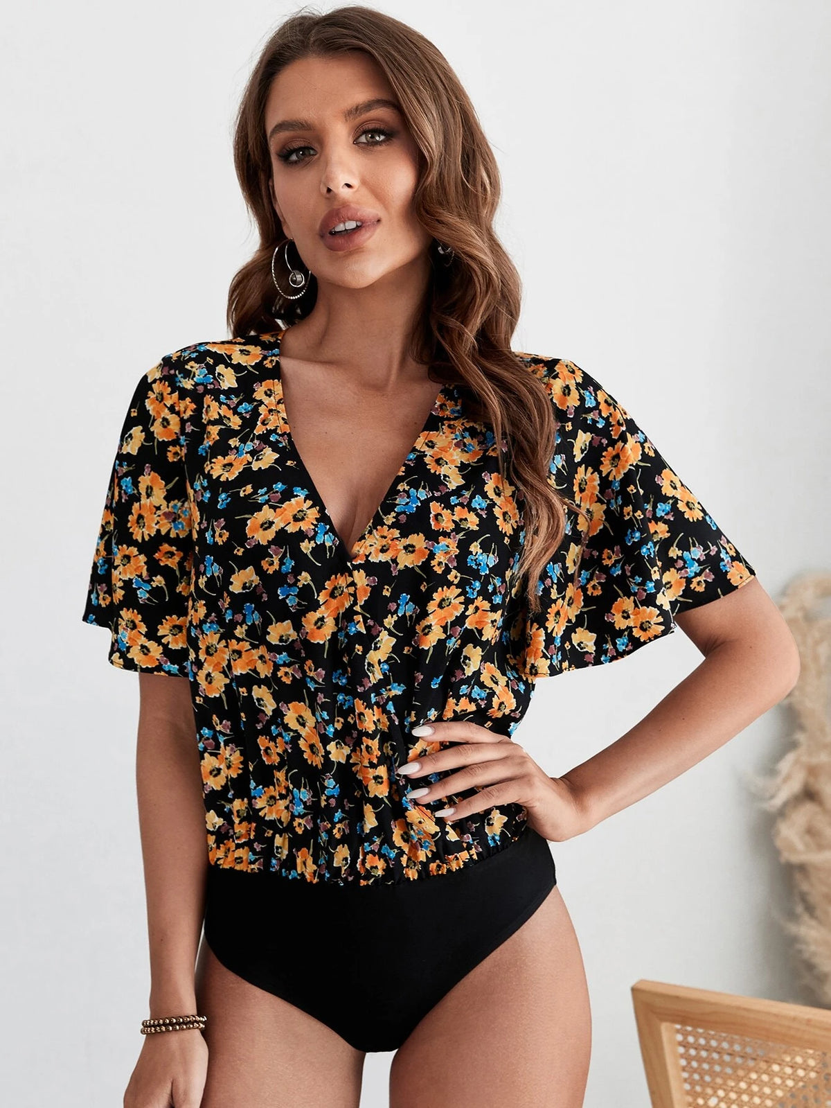 EMERY ROSE Floral Print Surplice Front Bodysuit