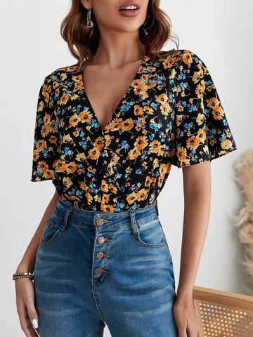 EMERY ROSE Floral Print Surplice Front Bodysuit