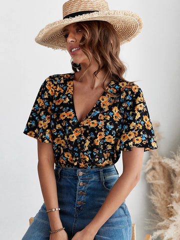 EMERY ROSE Floral Print Surplice Front Bodysuit