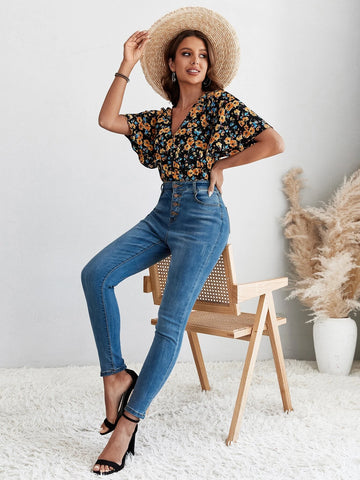EMERY ROSE Floral Print Surplice Front Bodysuit