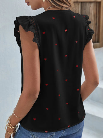 Heart Print Guipure Lace Detail Flutter Sleeve Blouse