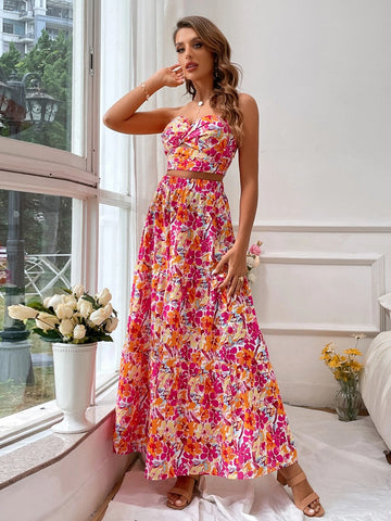 VCAY Allover Floral Print Tube Top & Skirt