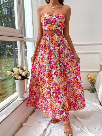 VCAY Allover Floral Print Tube Top & Skirt