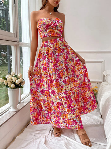 VCAY Allover Floral Print Tube Top & Skirt