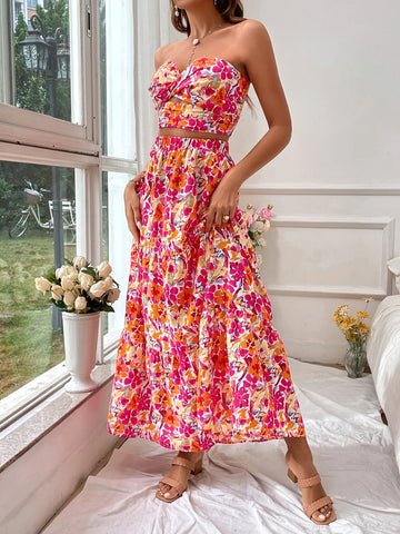 VCAY Allover Floral Print Tube Top & Skirt