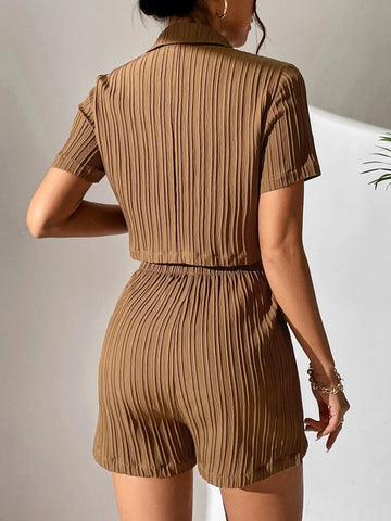 Solid Lapel Collar Button Front Crop Blouse & Shorts