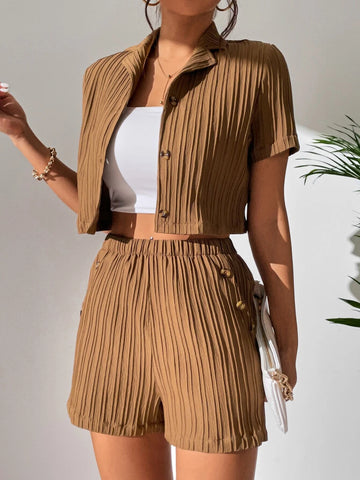 Solid Lapel Collar Button Front Crop Blouse & Shorts