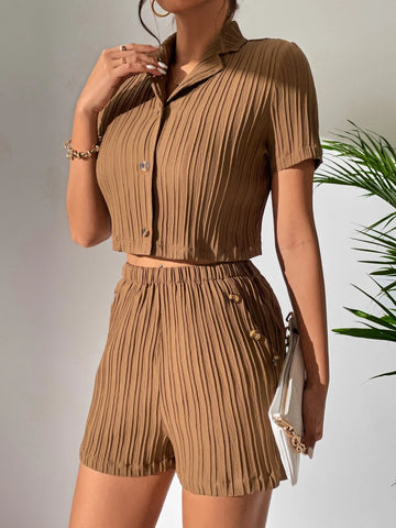 Solid Lapel Collar Button Front Crop Blouse & Shorts