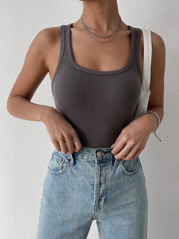 Solid Ribbed Knit Tank Bodysuit