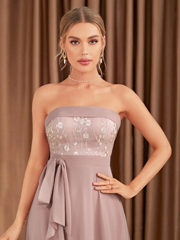 Floral Embroidery Ruffle Trim Chiffon Bridesmaid Dress