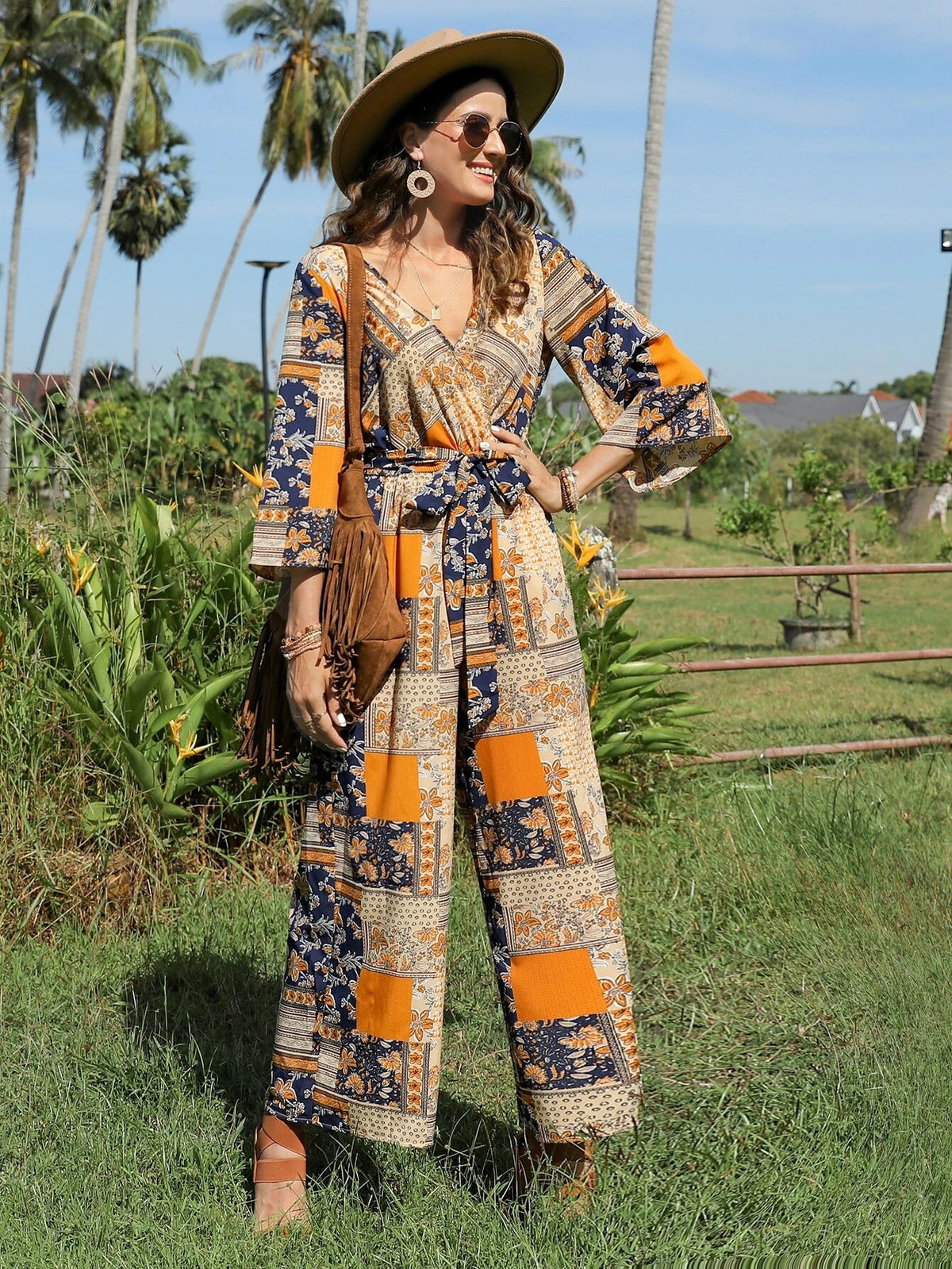 EMERY ROSE Patchwork Print Belted Wide Leg Jumpsuit