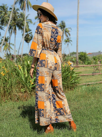 EMERY ROSE Patchwork Print Belted Wide Leg Jumpsuit