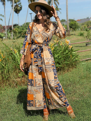 EMERY ROSE Patchwork Print Belted Wide Leg Jumpsuit
