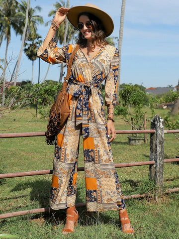 EMERY ROSE Patchwork Print Belted Wide Leg Jumpsuit