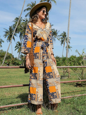 EMERY ROSE Patchwork Print Belted Wide Leg Jumpsuit