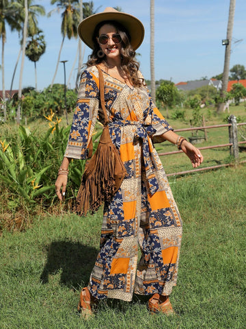 EMERY ROSE Patchwork Print Belted Wide Leg Jumpsuit