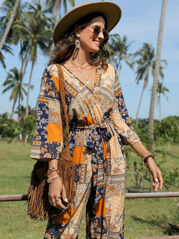 EMERY ROSE Patchwork Print Belted Wide Leg Jumpsuit
