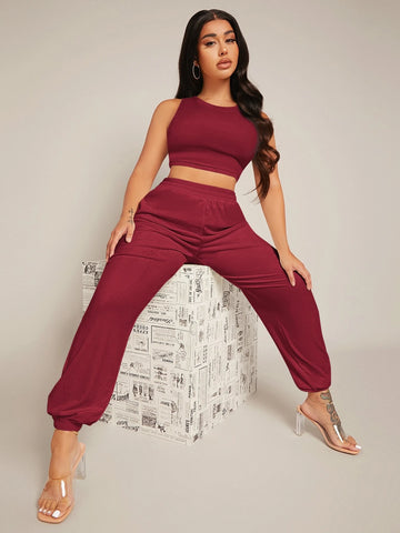 SXY Solid Velvet Crop Tank Top & Joggers Set