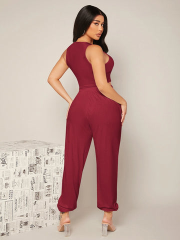 SXY Solid Velvet Crop Tank Top & Joggers Set