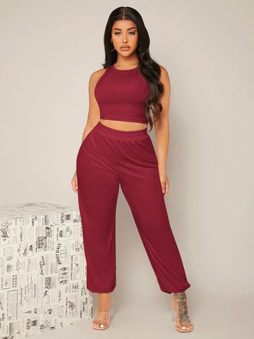 SXY Solid Velvet Crop Tank Top & Joggers Set