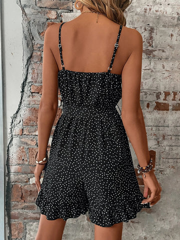 Polka Dot Ruffle Hem Belted Cami Romper