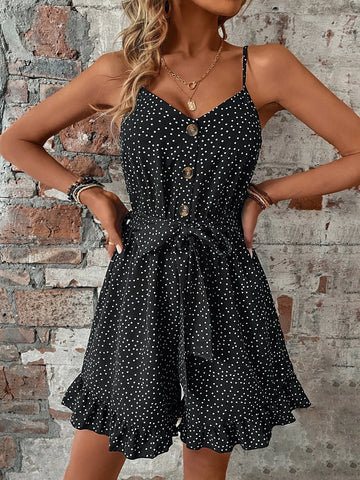 Polka Dot Ruffle Hem Belted Cami Romper