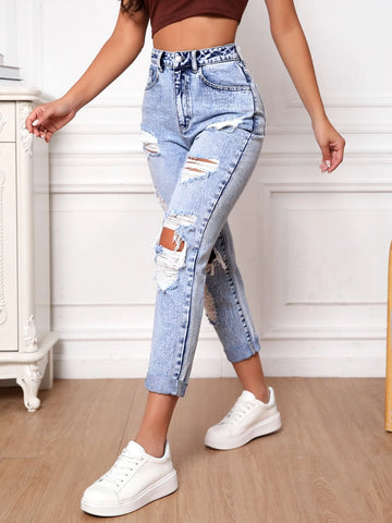 Ripped Frayed Cut Out Mom Fit Jeans